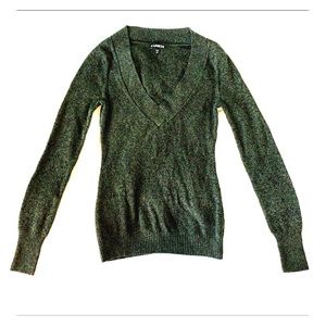 A forest green Express V-neck sweater.